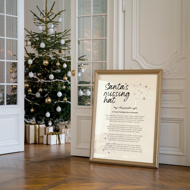 El sombrero perdido de Santa Impresión divertida d (Against the wall, there is a framed funny Christmas print titled “Santa's missing hat")