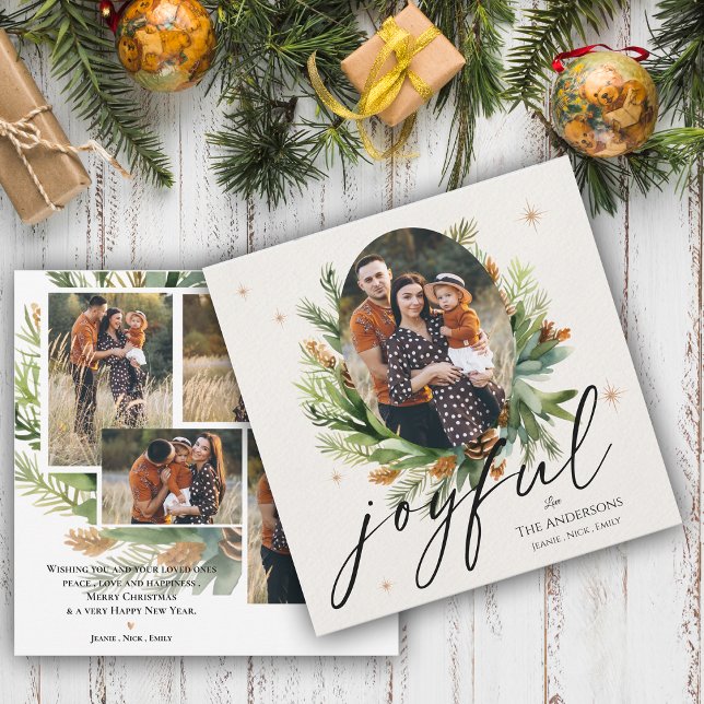 El verde deja fotos de varias familias Navidades a (Green Leaves Multi Family Photos Joyful Christmas Greeting Card)