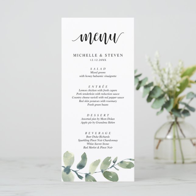 El verde Eucalyptus Boda Elopement Cena Menú (Anverso de pie)