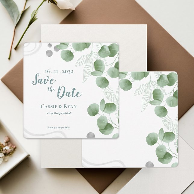 El verde Eucalyptus deja la boda Salva la fecha (Greenery Eucalyptus Leaves Wedding Save the Date Invitation)