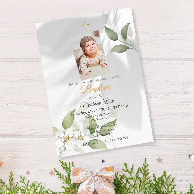 El verde simple deja la invitación al bautismo (Simple Green Leaves Baptism Invite)