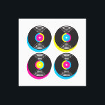 El vinilo de arte pop CMYK registra colores brilla<br><div class="desc">Un diseño de estilo de arte pop CMYK de colores vivos de cuatro discos de vinilo. Un diseño genial para alguien que disfruta de los recuerdos y el arte de los ochenta.</div>