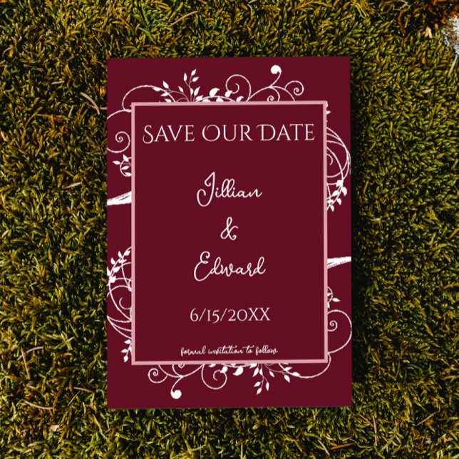 El Vino Florece Salvar El Anuncio De La Fecha (Wine Red Flourish Save the Date Wedding Announcement)