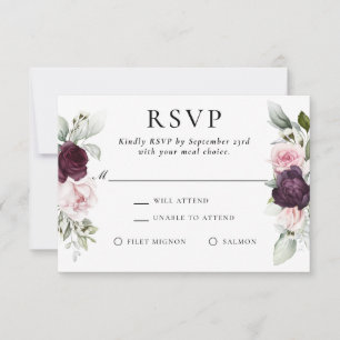 Elección de comida RSVP con flor borgoña y rosa