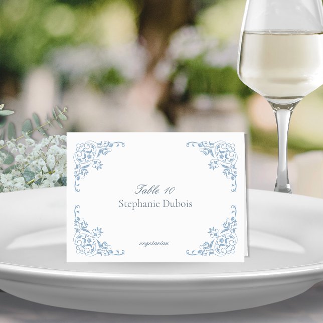 Elección de la comida de tarjetas para Bodas azule (Elegant blue and white formal wedding place card with meal choice menu item and romantic border)