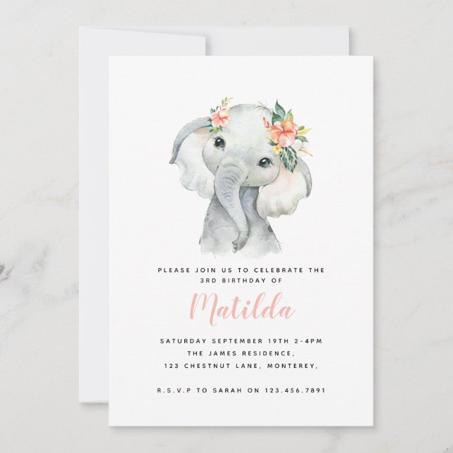 Elefante acuático fiesta de cumpleaños de niñita (Anverso)