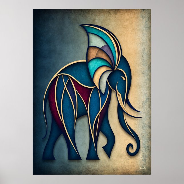 Elefante Art Deco Abstracto Geométrico Arte de Par (Frente)