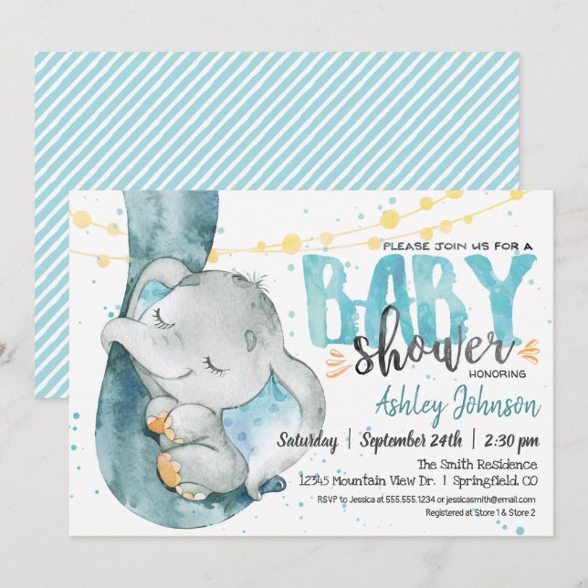 Elefante Baby Shower Boy, invitación azul (Anverso / Reverso)
