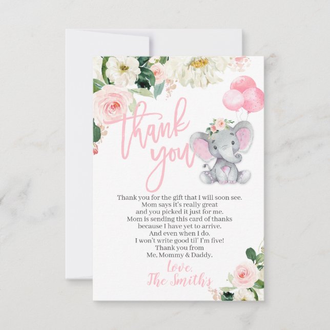 Elefante Baby Shower Gracias tarjetas por un Chica (Anverso)