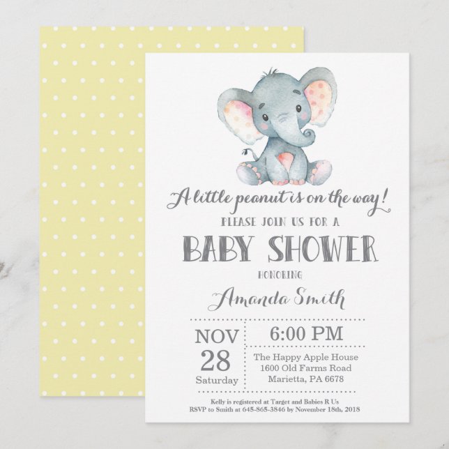Elefante Baby Shower invitación amarillo y gris (Anverso / Reverso)
