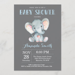 Elefante Baby Shower Invitación azul y gris