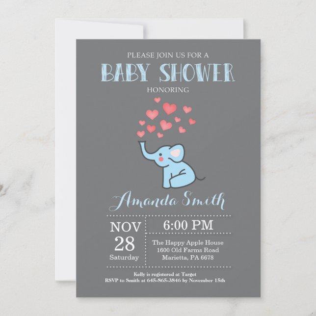 Elefante Baby Shower Invitación azul y gris (Anverso)