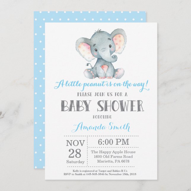 Elefante Baby Shower Invitación azul y gris (Anverso / Reverso)