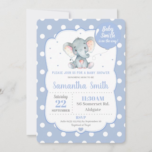 Elefante Baby Shower Invitación Blue Polka Dot Boy (Anverso)