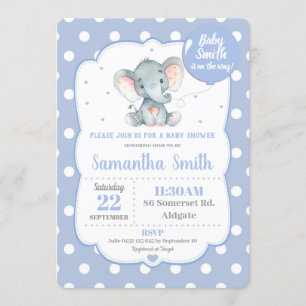 Elefante Baby Shower Invitación Blue Polka Dot Boy