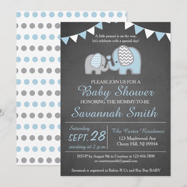Elefante Baby Shower Invitación Boy - Chalkboard (Anverso / Reverso)