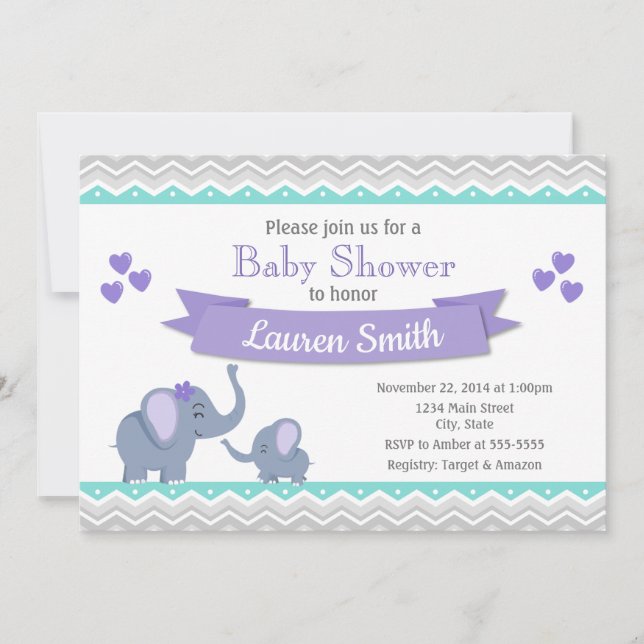 Elefante Baby Shower Invitación Chica morado Verde (Anverso)