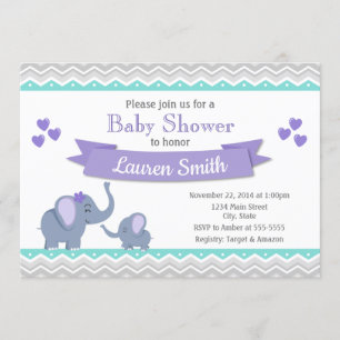 Elefante Baby Shower Invitación Chica morado Verde