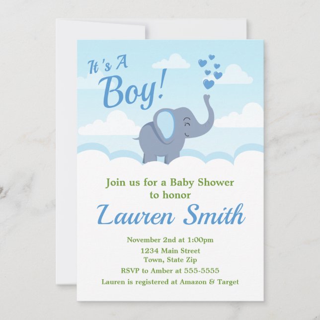 Elefante Baby Shower Invitación Elefante Azul (Anverso)