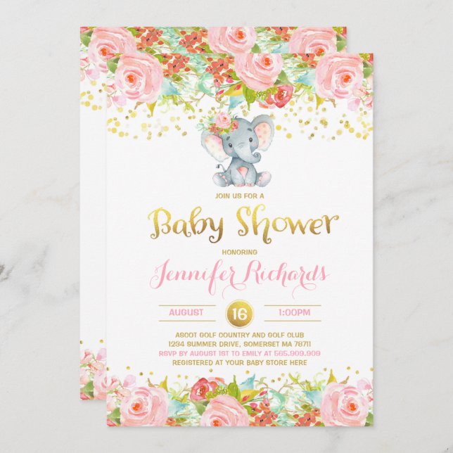 Elefante Baby Shower Invitación Floral Boho Ducha (Anverso / Reverso)