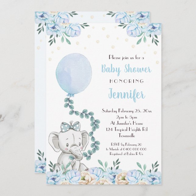 Elefante Baby Shower Invitación Globos Bebé Azul (Anverso / Reverso)