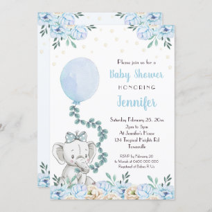 Elefante Baby Shower Invitación Globos Bebé Azul