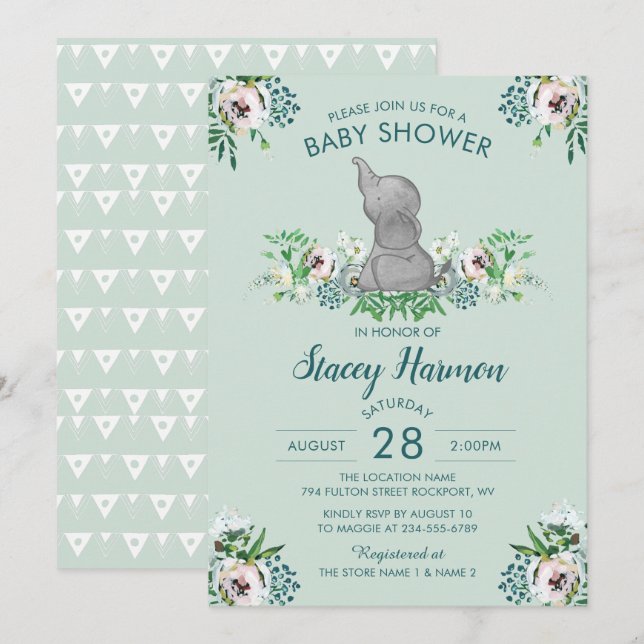 Elefante Baby Shower Invitación Mint Floral Verde (Anverso / Reverso)