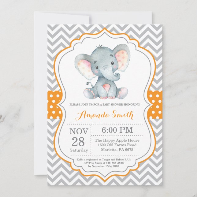 Elefante Baby Shower Invitación Naranja y gris (Anverso)