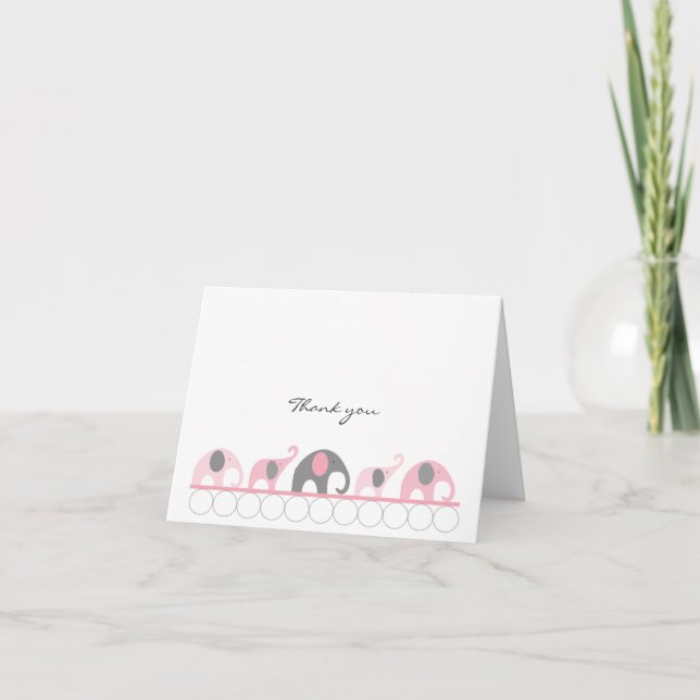 Elefante Baby Shower rosa y gris Gracias notas (Anverso)