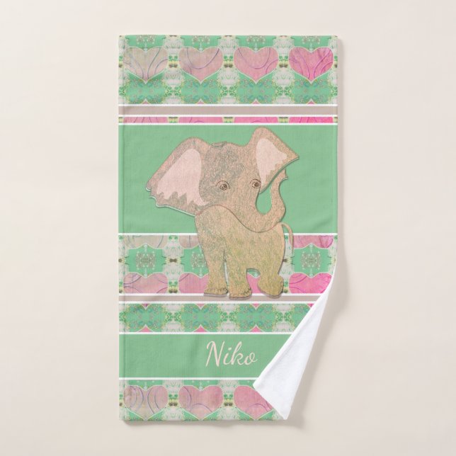 Elefante bebé con corazón rosa y verde (Toalla de mano)