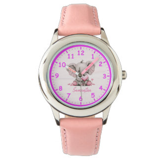 Elefante bebé con reloj de niños de corazón rosado