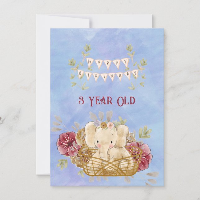 Elefante bebé de 3 años feliz cumpleaños (Anverso)