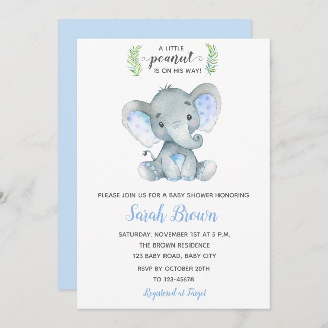 Elefante Bebé Invitación a ducha Niño cacahuete (Anverso / Reverso)
