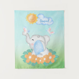 Elefante bebé lindo con flores naranjas Tapiz
