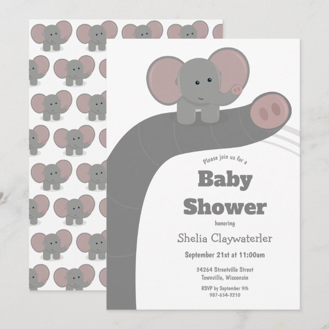 Elefante bebé y zorra | Invitación de Baby Shower (Anverso / Reverso)