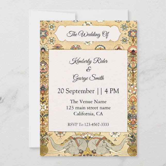 Elefante blanco en invitación a la boda india (Anverso)