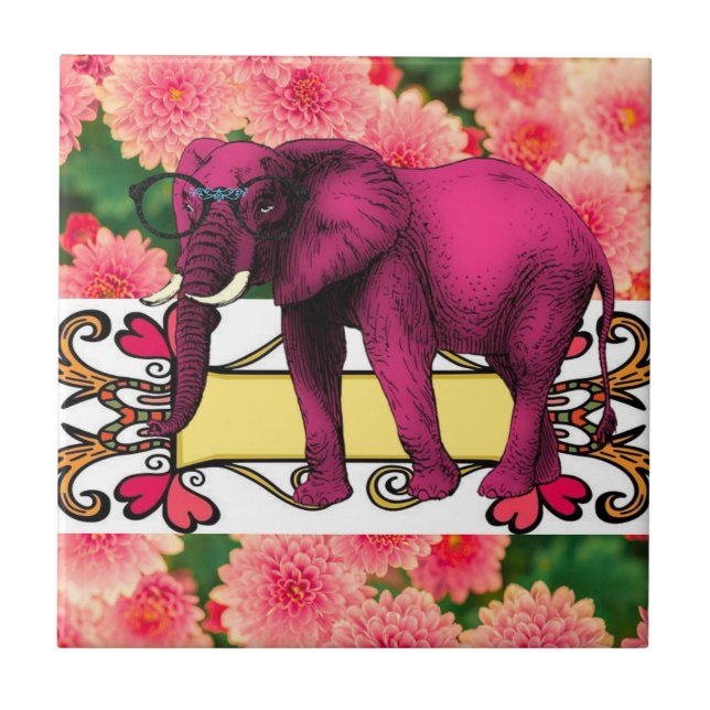 Elefante cerámico de azulejos blancos florales (Frente)
