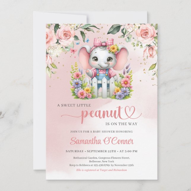 Elefante chica Baby Shower Invitación al cacahuete (Anverso)