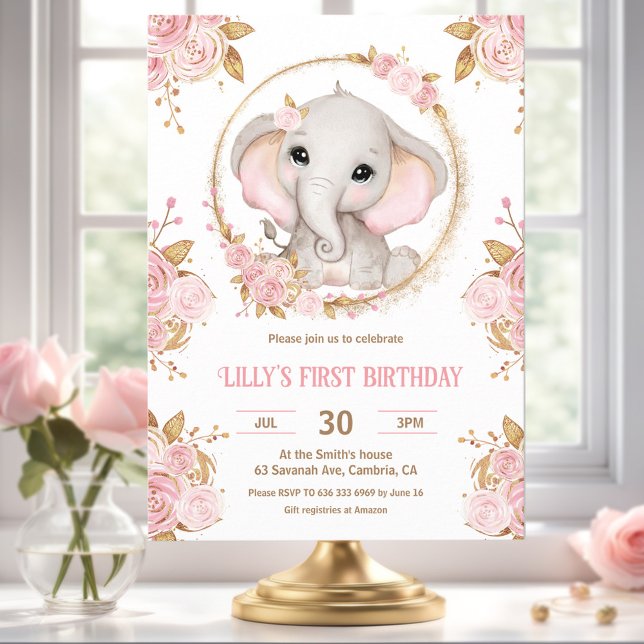 Elefante Chica Floral Rosa Primera Invitación de c (Elephant Girl Pink Floral 1st Birthday Invitation)