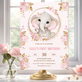 Elefante Chica Floral Rosa Primera Invitación de c
