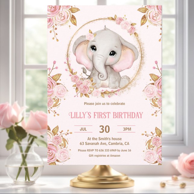 Elefante Chica Floral Rosa Primera Invitación de c (Elephant Girl Pink Floral 1st Birthday Invitation)