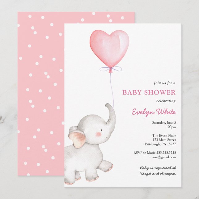 Elefante con invitación a Baby Shower en globo ros (Anverso / Reverso)