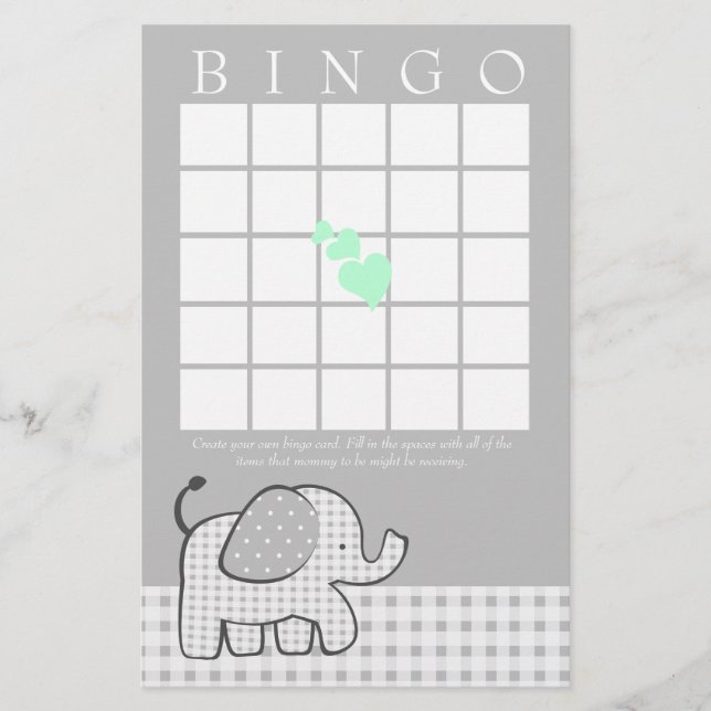 Elefante con tarjeta de Bingo Gingham Green Hearts (Anverso)