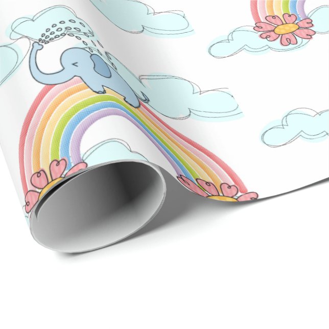Elefante de Bebé Azul Nubes de Arcoiris Papel envu (Esquina del rollo)