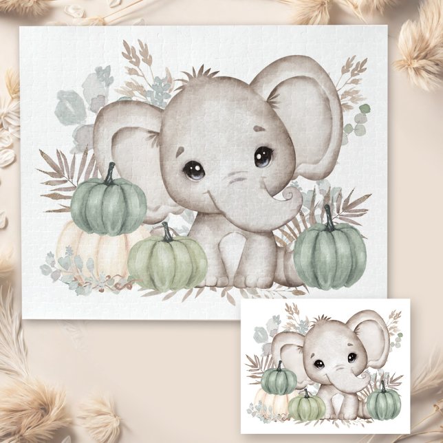 Elefante De Caída Cuta Y Rompecabezas Rompecabezas (Cute Fall Elephant And Pumpkins Jigsaw Puzzle)