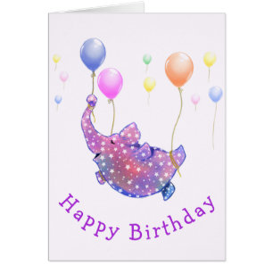 Elefante de la carta de cumpleaños volando con glo