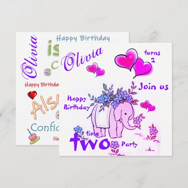 Elefante de la invitación a la tarjeta de cumpleañ (Anverso / Reverso)