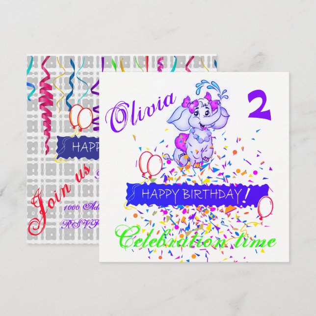 Elefante de la invitación a la tarjeta de cumpleañ (Anverso / Reverso)