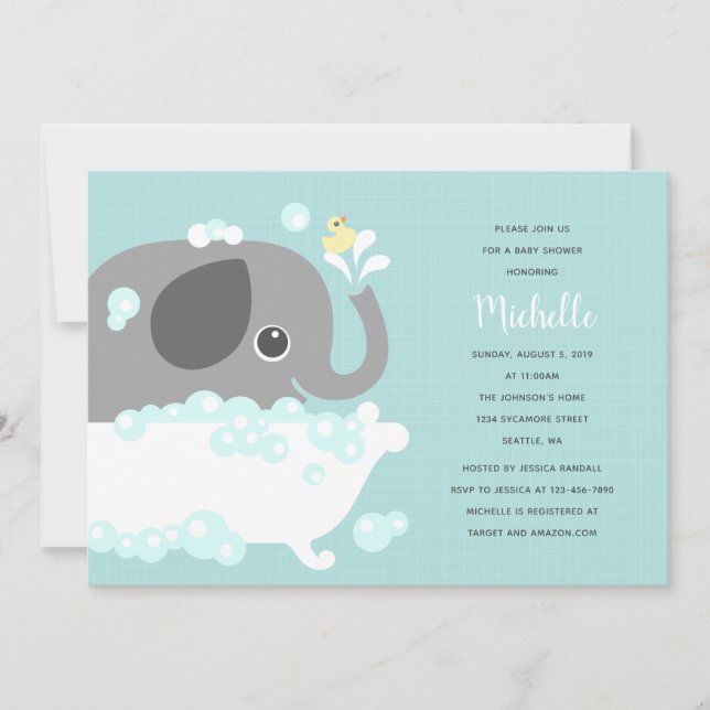 Elefante en la bañera Invitación al fondo azul (Anverso)