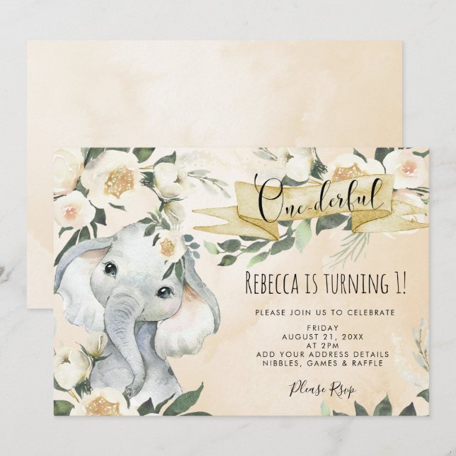 elefante floral onemaravilloso invitación para cum (Anverso / Reverso)